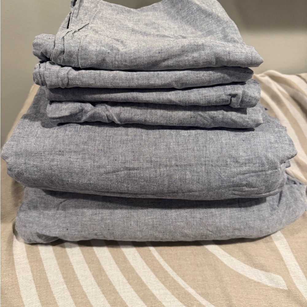 Ralph Lauren Navy Blue Chambray Cotton-Linen Blend King Sheet Set